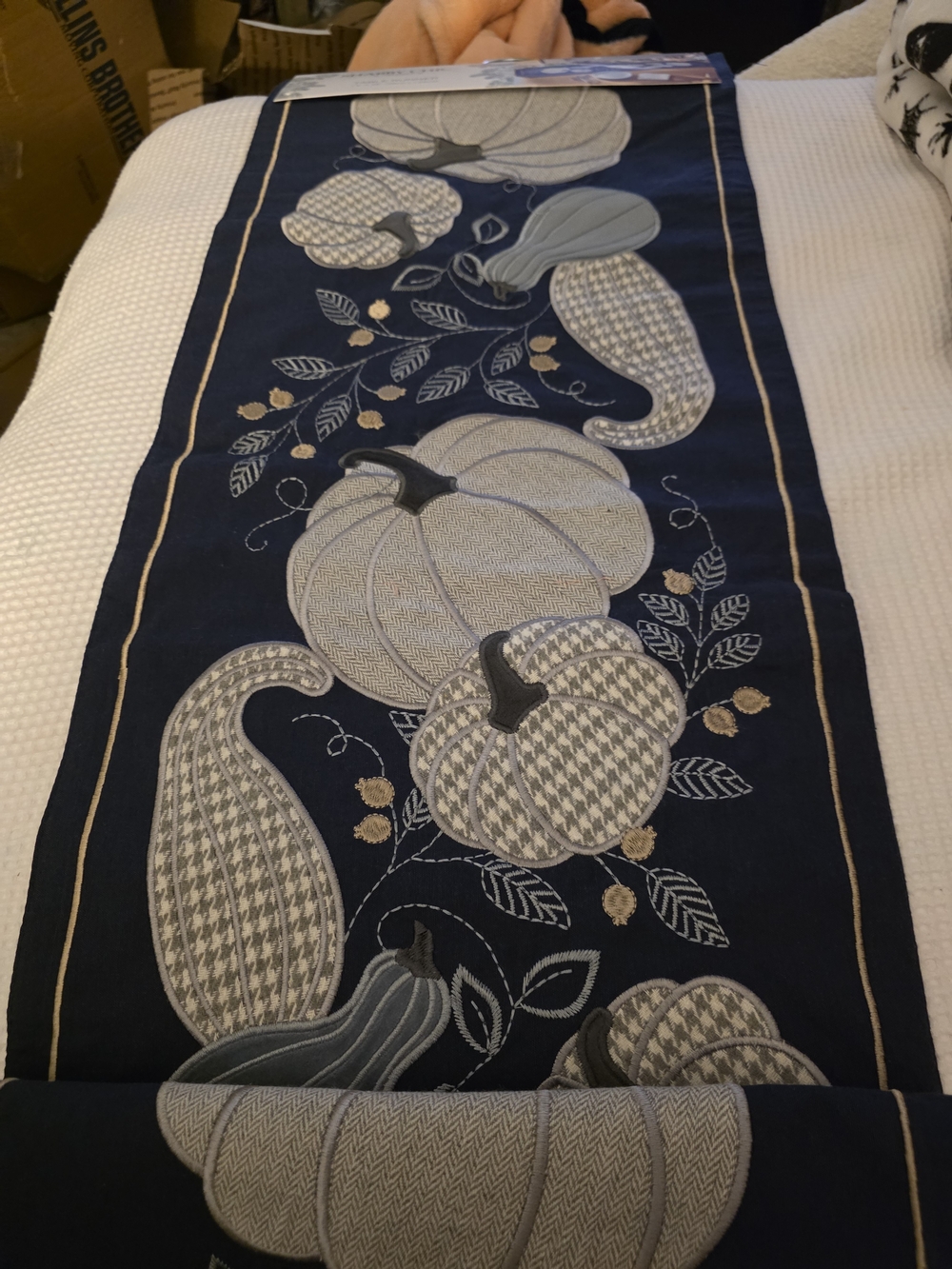 Shabby Chic Navy and Cream Pumpkin Embroidered Table Runner